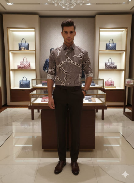 Men Premium Brown Geometric Chain Print Full Sleeve Casual Shirt