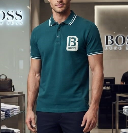 Men Premium Teal Green Polo T-Shirt with Contrast Tipped Collar & Chest Patch
