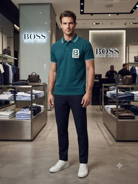 Men Premium Teal Green Polo T-Shirt with Contrast Tipped Collar & Chest Patch