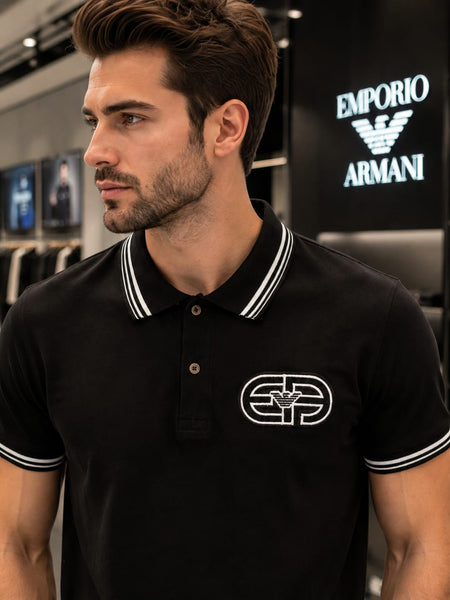 Men Premium Black Polo T-Shirt with Contrast Stripe Collar