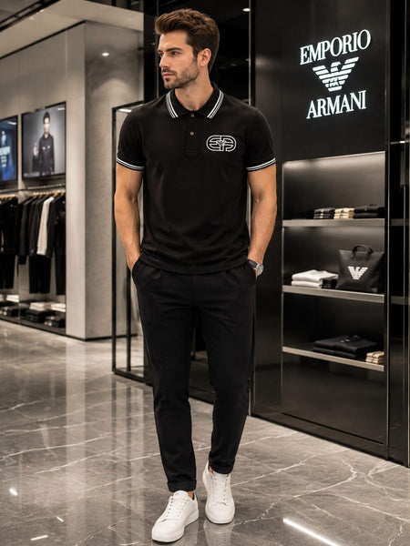 Men Premium Black Polo T-Shirt with Contrast Stripe Collar