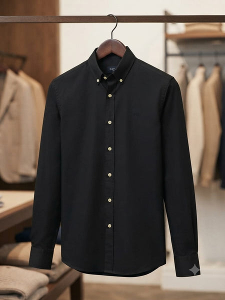 Men Premium Solid Black Full Sleeve Casual Button-Down Shirt