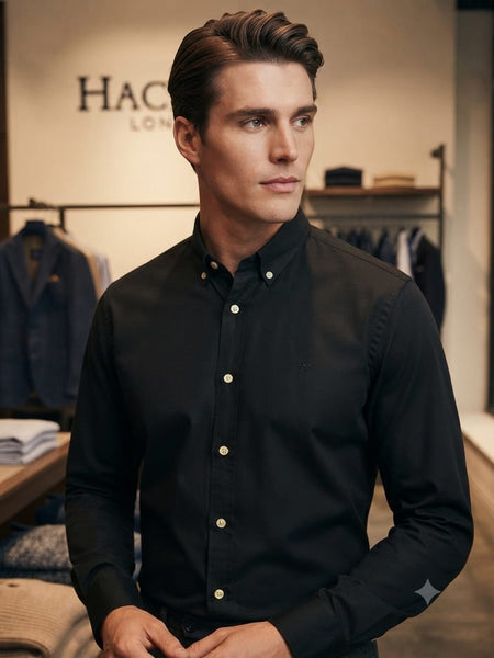 Men Premium Solid Black Full Sleeve Casual Button-Down Shirt