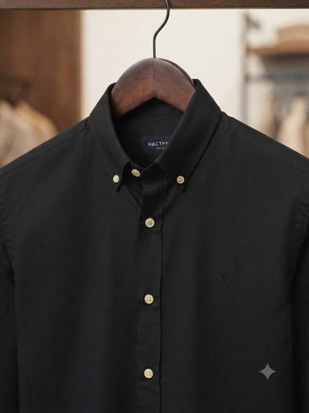 Men Premium Solid Black Full Sleeve Casual Button-Down Shirt
