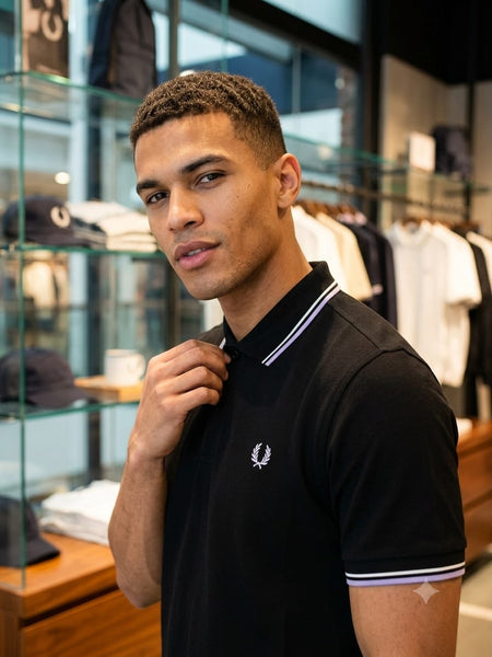 Premium Men Solid Polo T-Shirt with Contrast Tipping – Soft Regular Fit | Black