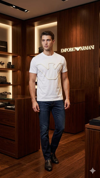 Men Premium White Crew Neck T-Shirt with Raised Front Graphic
