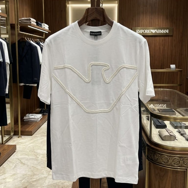 Men Premium White Crew Neck T-Shirt with Raised Front Graphic