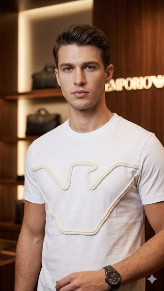 Men Premium White Crew Neck T-Shirt with Raised Front Graphic