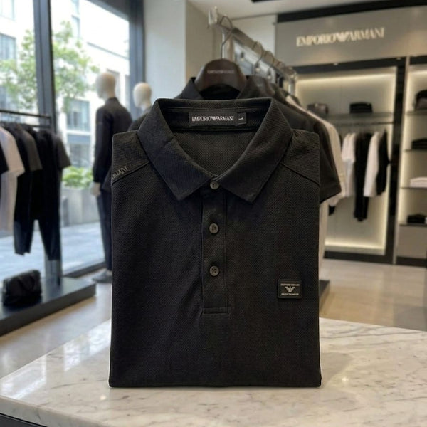 Men Premium Black Textured Polo Shirt – Classic Short Sleeve Casual T-Shirt