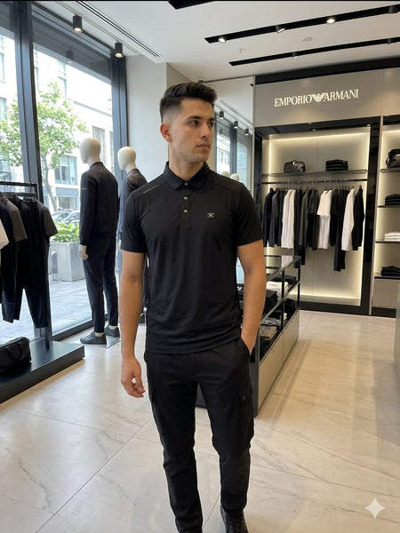 Men Premium Black Textured Polo Shirt – Classic Short Sleeve Casual T-Shirt