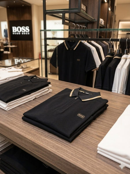 Men Premium Black Polo Shirt with Contrast Collar & Half-Zip Design