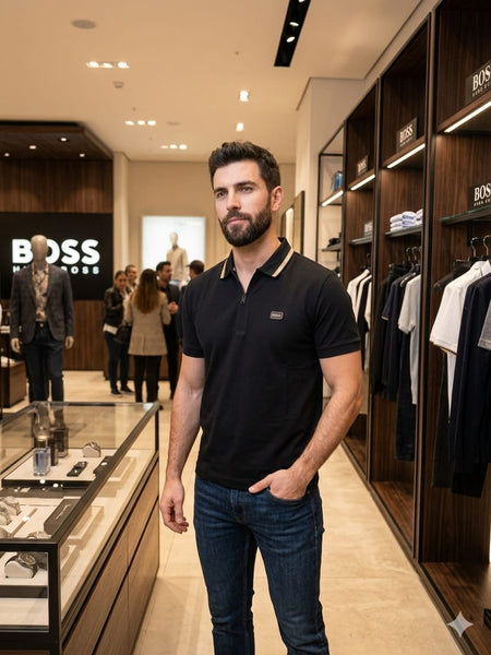 Men Premium Black Polo Shirt with Contrast Collar & Half-Zip Design