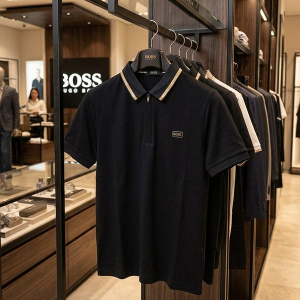 Men Premium Black Polo Shirt with Contrast Collar & Half-Zip Design