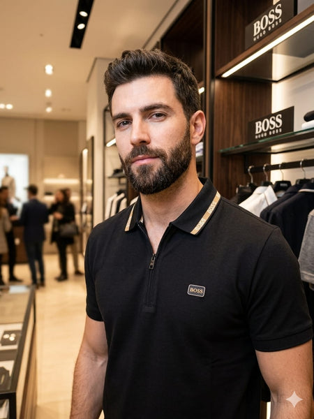 Men Premium Black Polo Shirt with Contrast Collar & Half-Zip Design