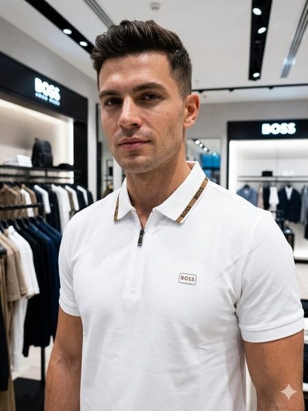 Men Premium White Zip Neck Polo T-Shirt with Logo Patch | Short Sleeve Slim Fit Polo