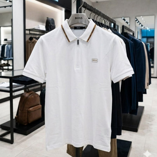Men Premium White Zip Neck Polo T-Shirt with Logo Patch | Short Sleeve Slim Fit Polo