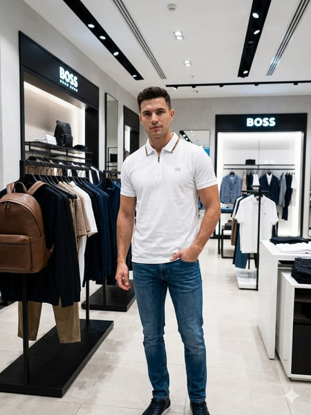 Men Premium White Zip Neck Polo T-Shirt with Logo Patch | Short Sleeve Slim Fit Polo