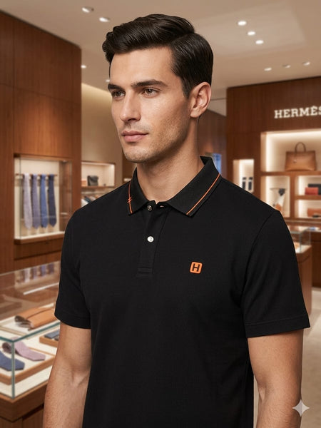 Men Premium Black Polo T-Shirt with Contrast Collar & Embroidered Logo | Short Sleeve Polo