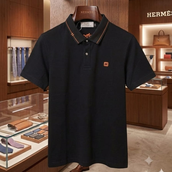 Men Premium Black Polo T-Shirt with Contrast Collar & Embroidered Logo | Short Sleeve Polo