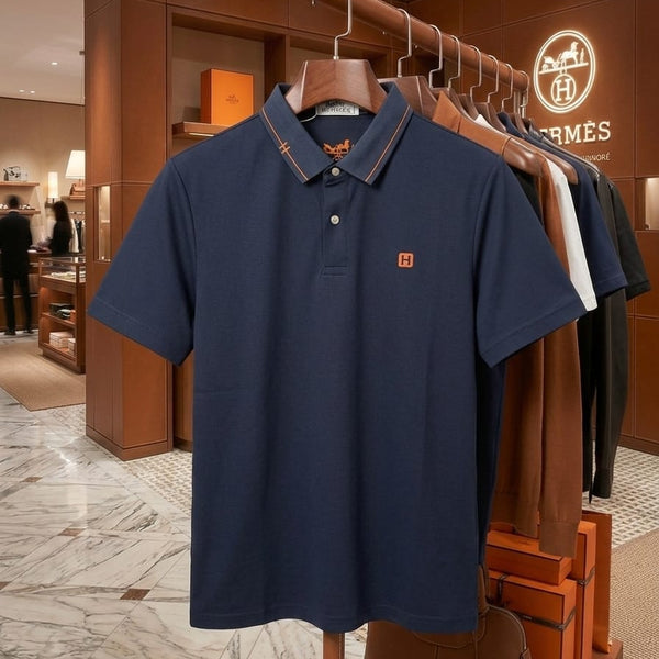 Men Premium Navy Blue Polo T-Shirt with Contrast Collar & Embroidered Logo | Short Sleeve Polo
