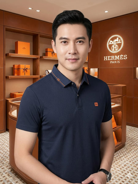 Men Premium Navy Blue Polo T-Shirt with Contrast Collar & Embroidered Logo | Short Sleeve Polo