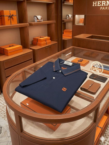 Men Premium Navy Blue Polo T-Shirt with Contrast Collar & Embroidered Logo | Short Sleeve Polo