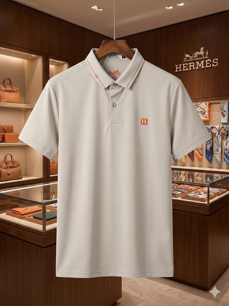 Men Premium Off-White Polo T-Shirt with Contrast Collar & Embroidered Logo | Short Sleeve Polo