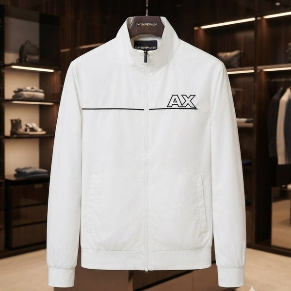Men Premium White Full-Zip Lightweight Jacket with Stand Collar | Casual Windbreaker