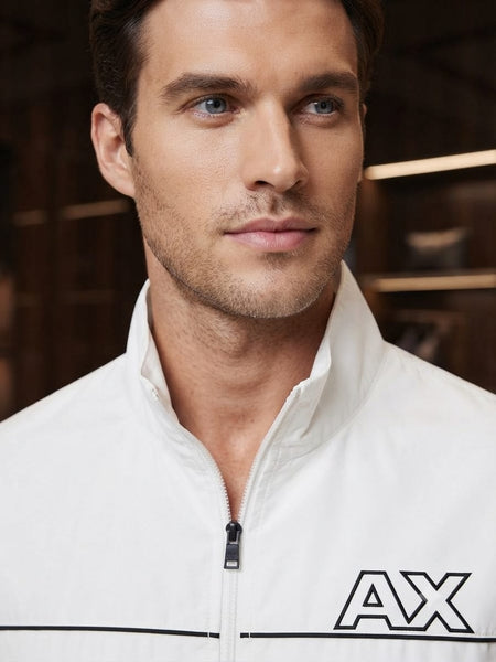 Men Premium White Full-Zip Lightweight Jacket with Stand Collar | Casual Windbreaker