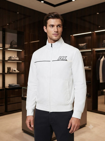 Men Premium White Full-Zip Lightweight Jacket with Stand Collar | Casual Windbreaker