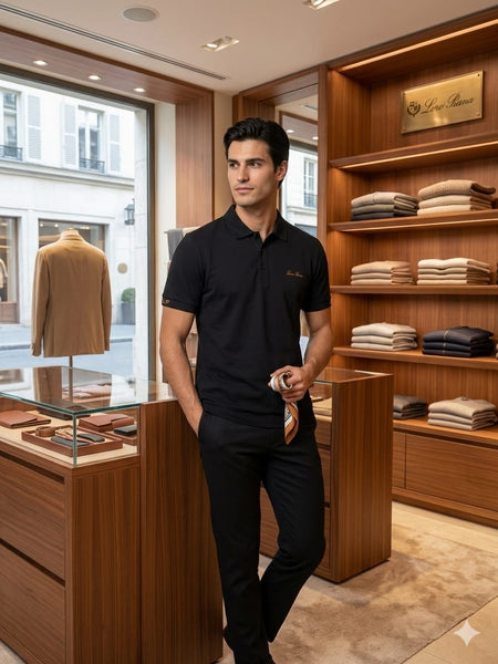 Men Premium Black Polo T-Shirt with Embroidered Logo | Classic Short Sleeve Polo