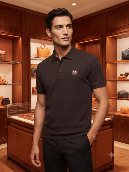 Men Premium Black Textured Polo T-Shirt with Logo Patch | Classic Short Sleeve Polo