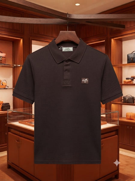 Men Premium Black Textured Polo T-Shirt with Logo Patch | Classic Short Sleeve Polo