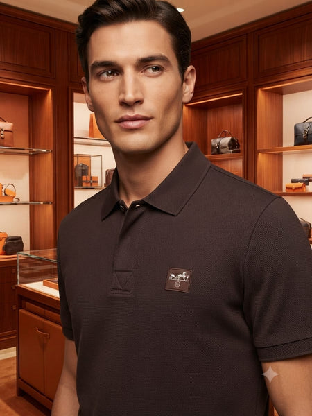 Men Premium Black Textured Polo T-Shirt with Logo Patch | Classic Short Sleeve Polo