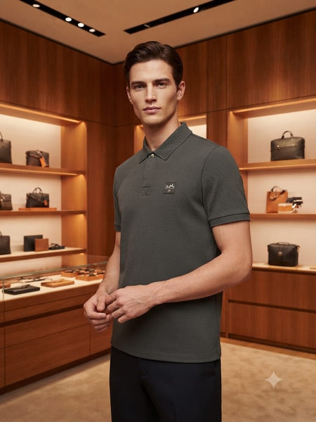 Men Premium Charcoal Grey Textured Polo T-Shirt with Logo Patch | Classic Short Sleeve Polo