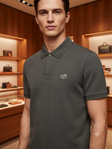 Men Premium Charcoal Grey Textured Polo T-Shirt with Logo Patch | Classic Short Sleeve Polo