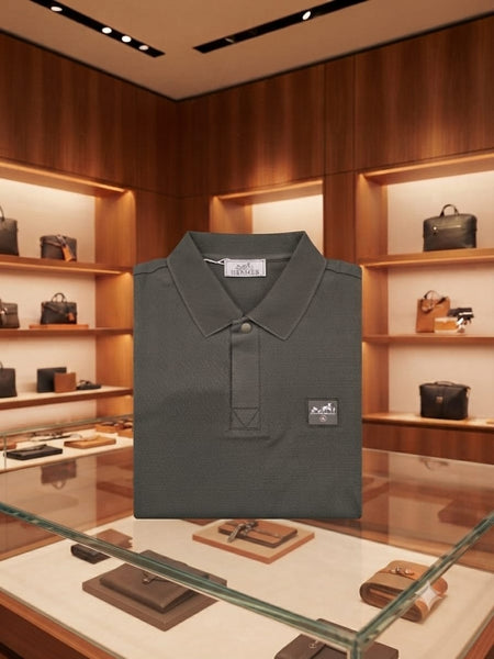 Men Premium Charcoal Grey Textured Polo T-Shirt with Logo Patch | Classic Short Sleeve Polo
