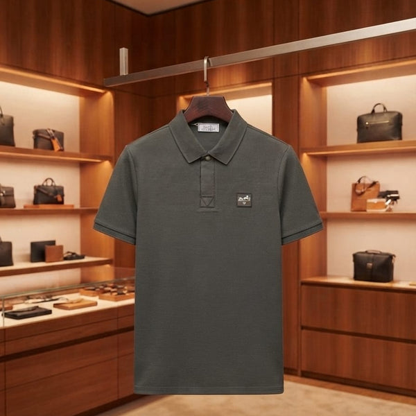 Men Premium Charcoal Grey Textured Polo T-Shirt with Logo Patch | Classic Short Sleeve Polo