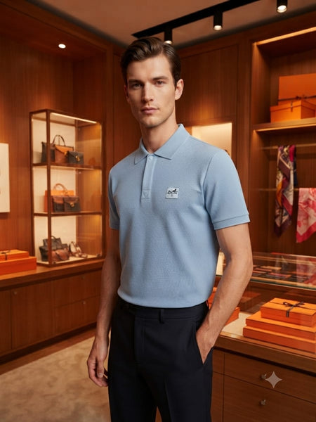 Men Premium Sky Blue Textured Polo T-Shirt with Logo Patch | Classic Short Sleeve Polo