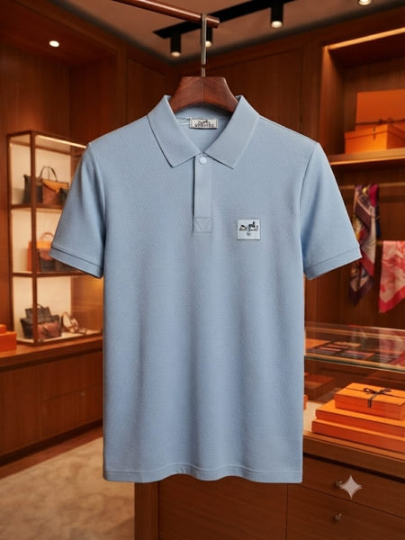 Men Premium Sky Blue Textured Polo T-Shirt with Logo Patch | Classic Short Sleeve Polo