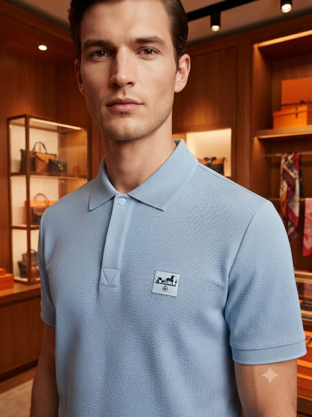 Men Premium Sky Blue Textured Polo T-Shirt with Logo Patch | Classic Short Sleeve Polo