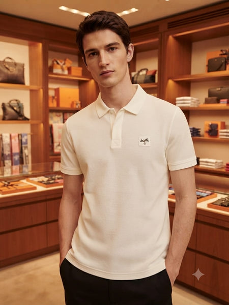 Men Premium Off-White Textured Polo T-Shirt with Logo Patch | Classic Short Sleeve Polo