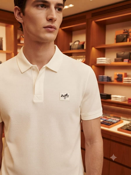 Men Premium Off-White Textured Polo T-Shirt with Logo Patch | Classic Short Sleeve Polo