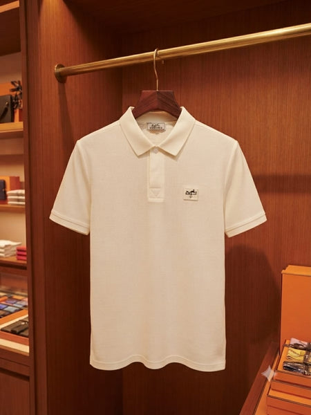 Men Premium Off-White Textured Polo T-Shirt with Logo Patch | Classic Short Sleeve Polo