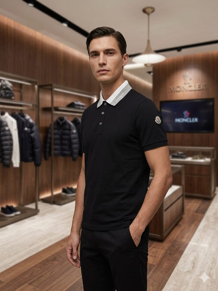 Men Designer Black Polo Shirt with Contrast Collar