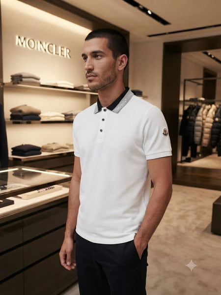 Men Designer Crisp White Polo Shirt with Contrast Grey Collar