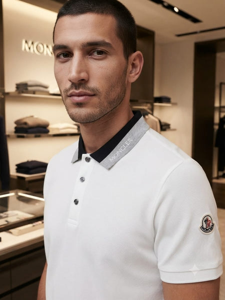 Men Designer Crisp White Polo Shirt with Contrast Grey Collar