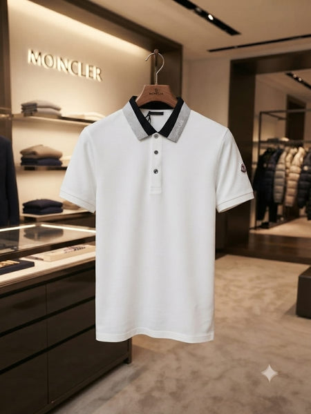Men Designer Crisp White Polo Shirt with Contrast Grey Collar