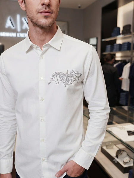 Premium White Full Sleeve Shirt with Stylish Chest Graphic Design