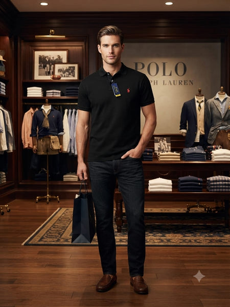 Men Classic Black Polo Shirt Premium Short Sleeve Collared T-Shirt